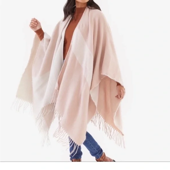 Soia & Kyo Woven Scarf Poncho Wrap Colorblock Fringe Neutrals OS NWT Layering